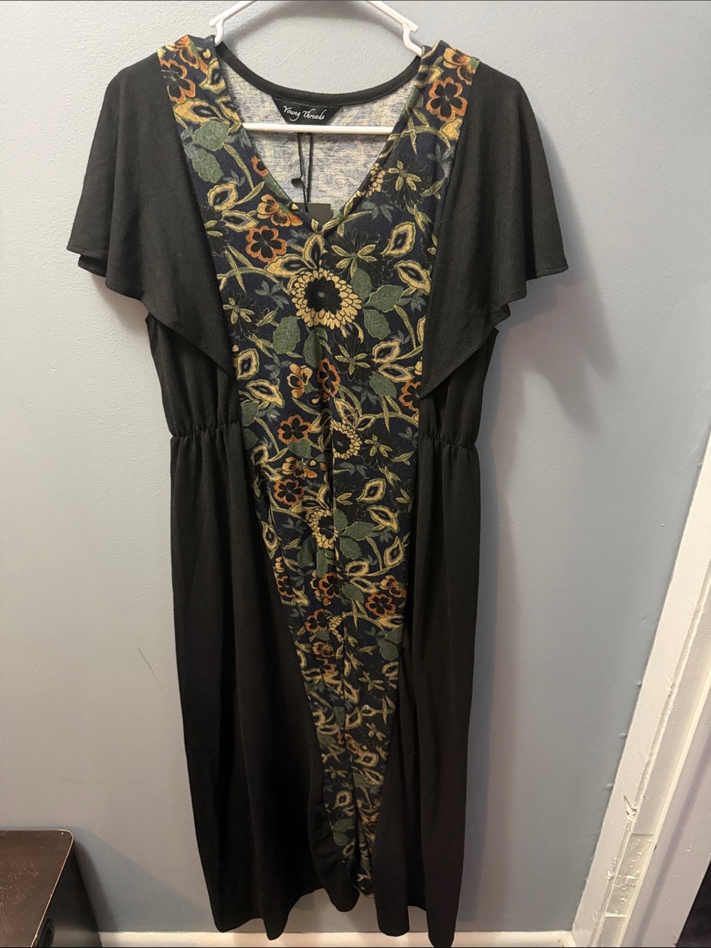 Young Threads Black Maxi Dress with Floral Panel
